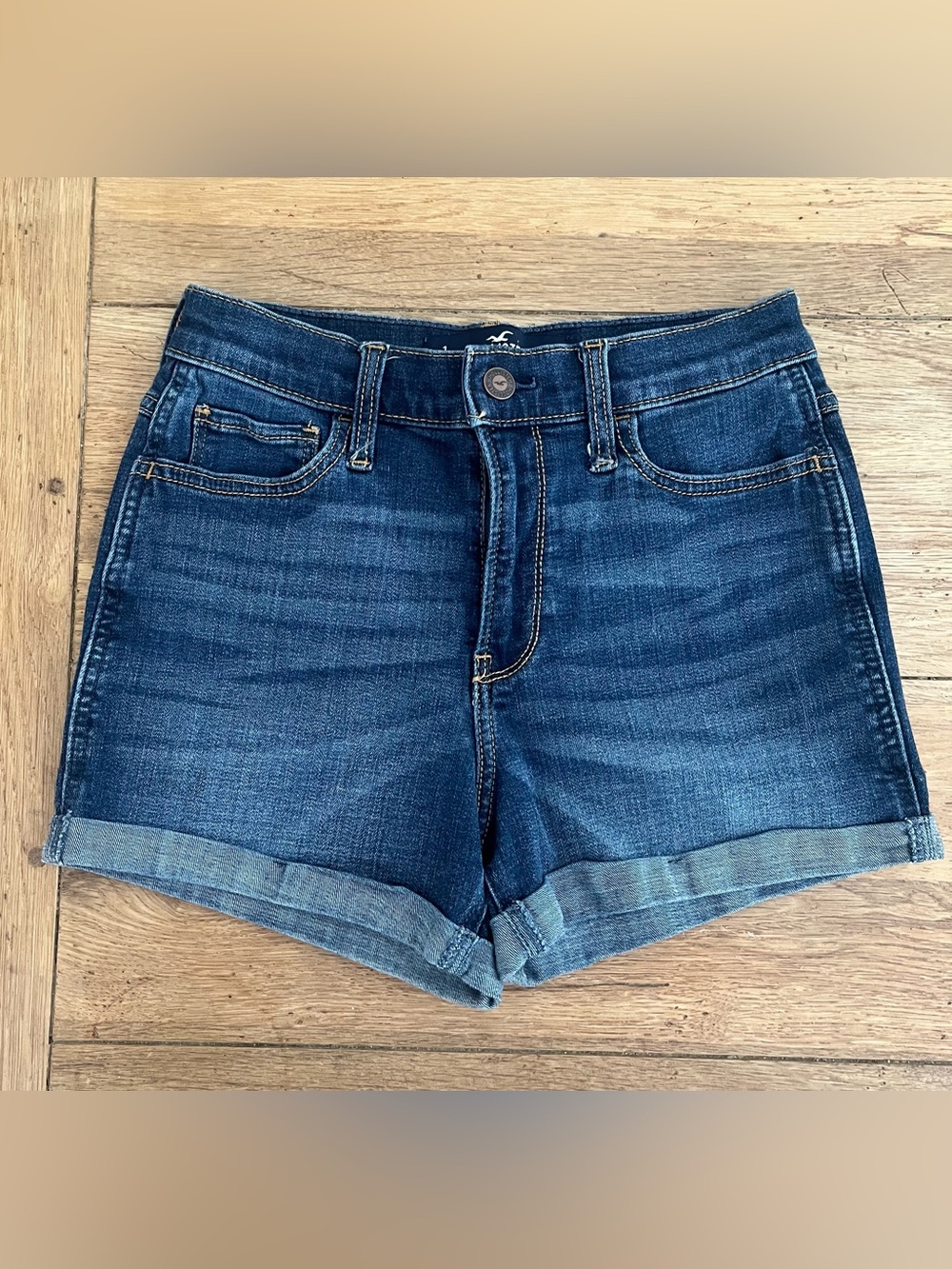Hollister High Rise Dark Blue Rolled Hem Denim Shorts